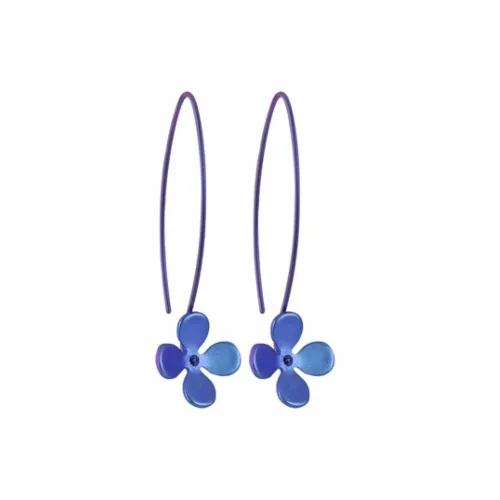 Large Four Petal Dark Blue Flower Hook Drop Earrings
